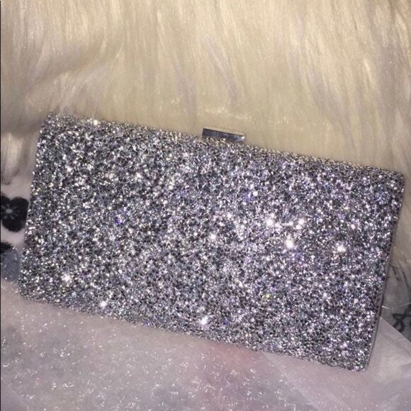 Silver Rhinestone Evening Clutch Bag with short and long strap - Picture 3 of 11